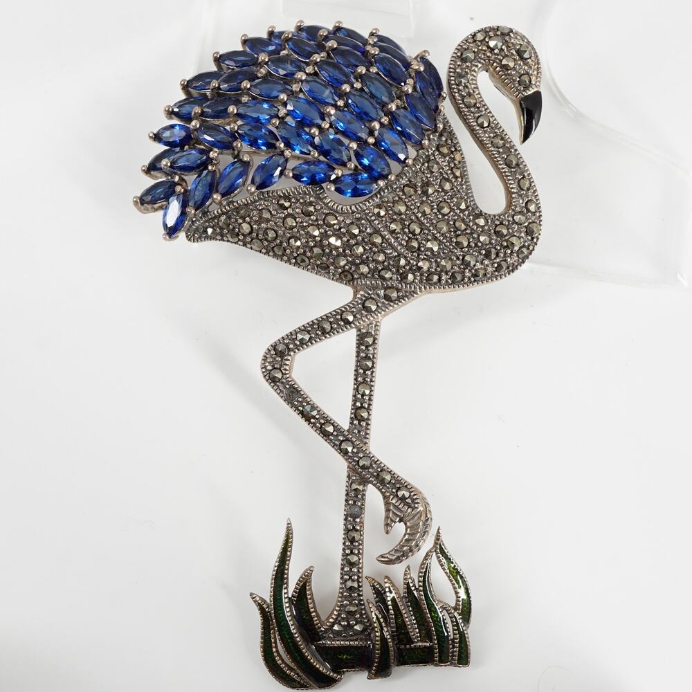 Vintage 925 Sterling Silver Flamingo Brooch Marcasite Blue Stones Enamel Bird